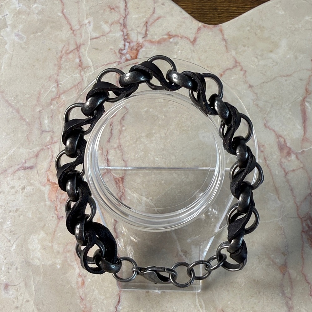 Fossil Leather & Silver Chain Unisex Bracelet